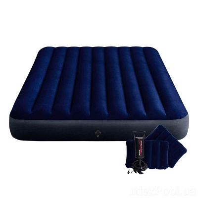 Надувной матрас 152х203х25см Intex Classic Downy Airbed Dura-Beam + 2 подушки + ручной насос